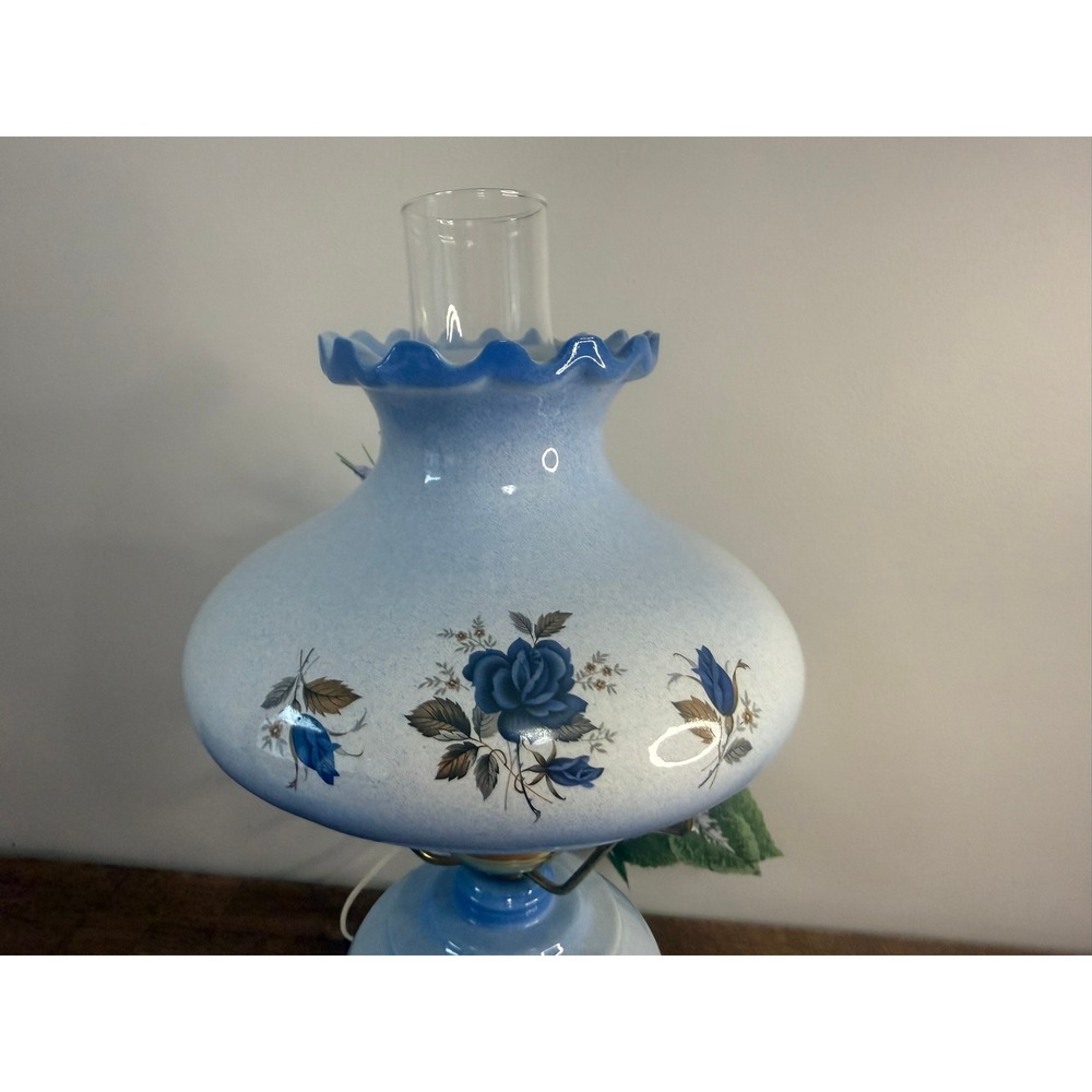 Vintage Blue Milk Glass Table Lamp Hand Painted Floral Hurricane Shade 3 Way - Picture 4 of 15
